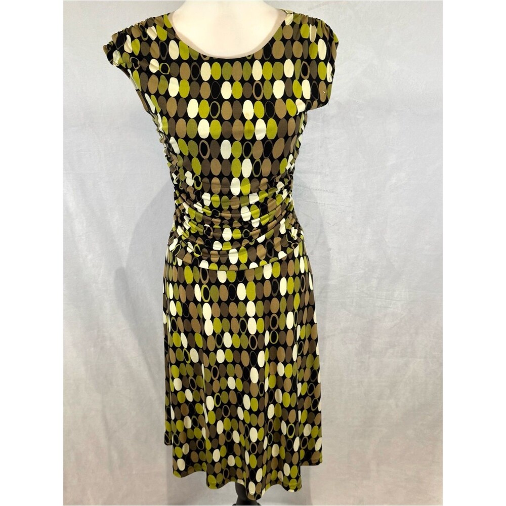 Y2k green and brown retro patterned form flattering dress size 6